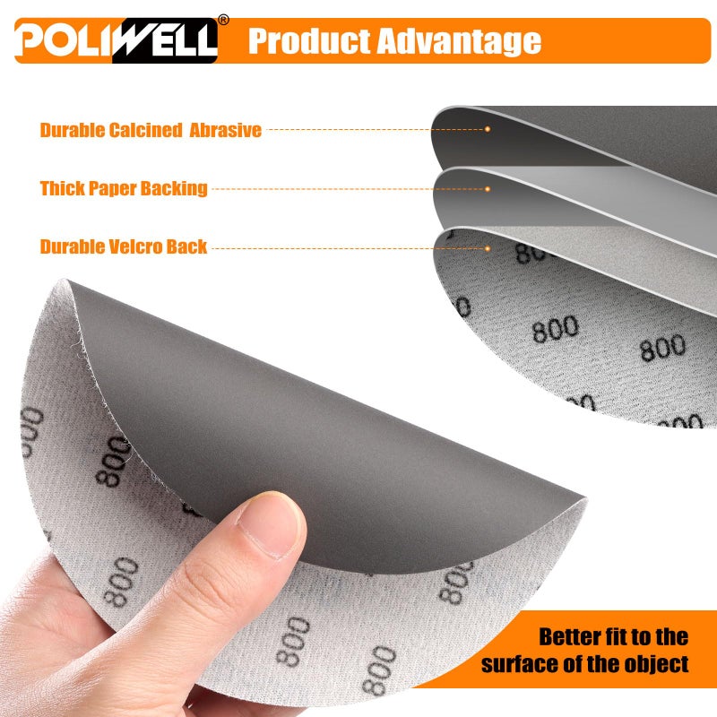 POLIWELL 6 Inch (150mm) 800 Grit Sanding Discs Waterproof Hook & Loop Heavy Duty Silicon Carbide Round Flocking Sandpaper for Wet/Dry Sanding Grinder Polishing Accessories, 20-Pack - Image 3